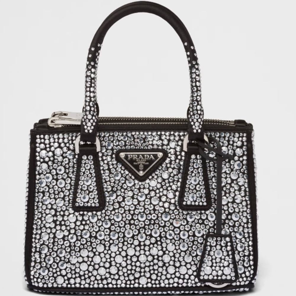 Prada Galleria Satin Mini Bag with Crystals Black and Metal
